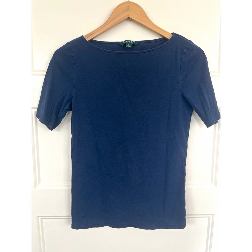 Lauren Ralph Lauren Navy Blue Boatneck Tee Top Size M Embroidered Logo Crest Y2K